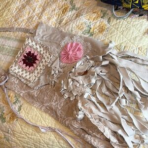 Amazing handmade khaki purse with lace and fringe detail. All handmade.